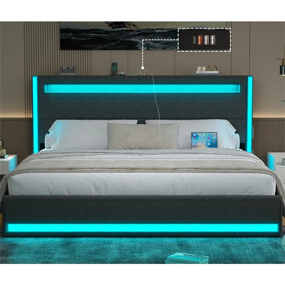 Bed Frame and Adjustable Headboard, Light up King Size USB Charging Station - Tech Gamer Depot