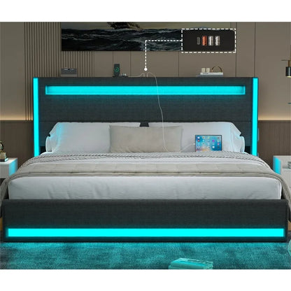 Bed Frame and Adjustable Headboard, Light up King Size USB Charging Station - Tech Gamer Depot