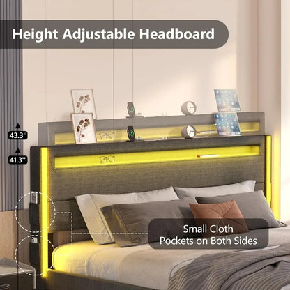 Bed Frame and Adjustable Headboard, Light up King Size USB Charging Station - Tech Gamer Depot