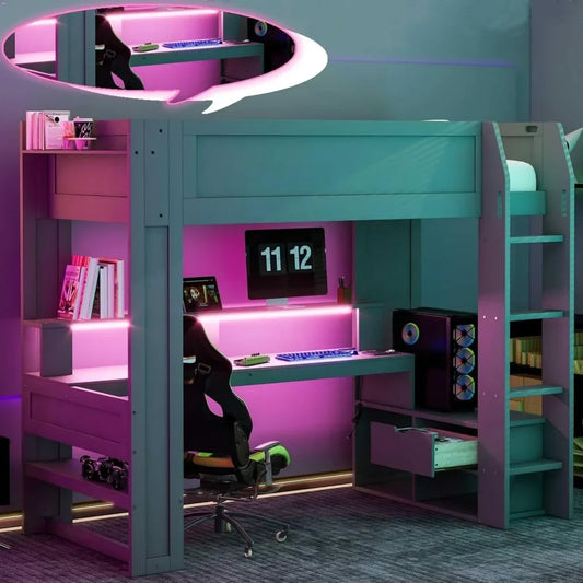 Full Size Gaming Loft Bed with Desk, LED and Charging Station - Tech Gamer Depot