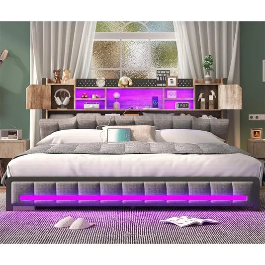 Bed Frame, with 3-Tier Headboard & 2 Hidden Storage LED Lights - Tech Gamer Depot