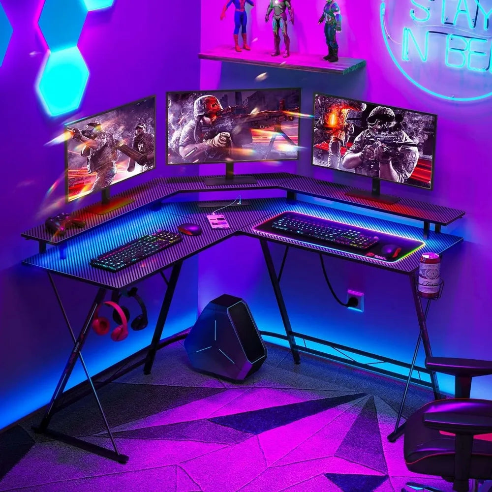 L Shaped Gaming Desk with LED Lights Carbon Fiber Surface - Tech Gamer Depot