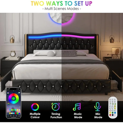 Smart LED Platform Bed Frame with 4 Storage Drawers - Tech Gamer Depot