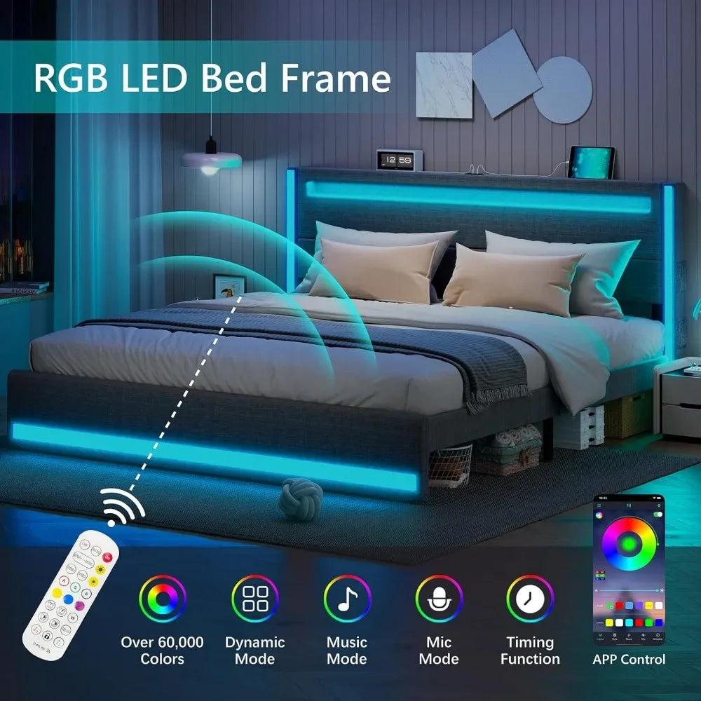 Bed Frame and Adjustable Headboard, Light up King Size USB Charging Station - Tech Gamer Depot