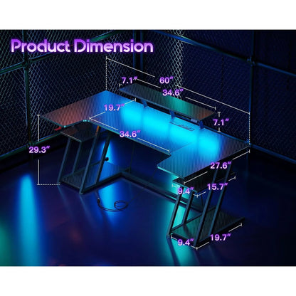 US  Gaming Desk with LED Lights, 60 Inch U Shaped Desk with Power Outlet, Gaming - Tech Gamer Depot