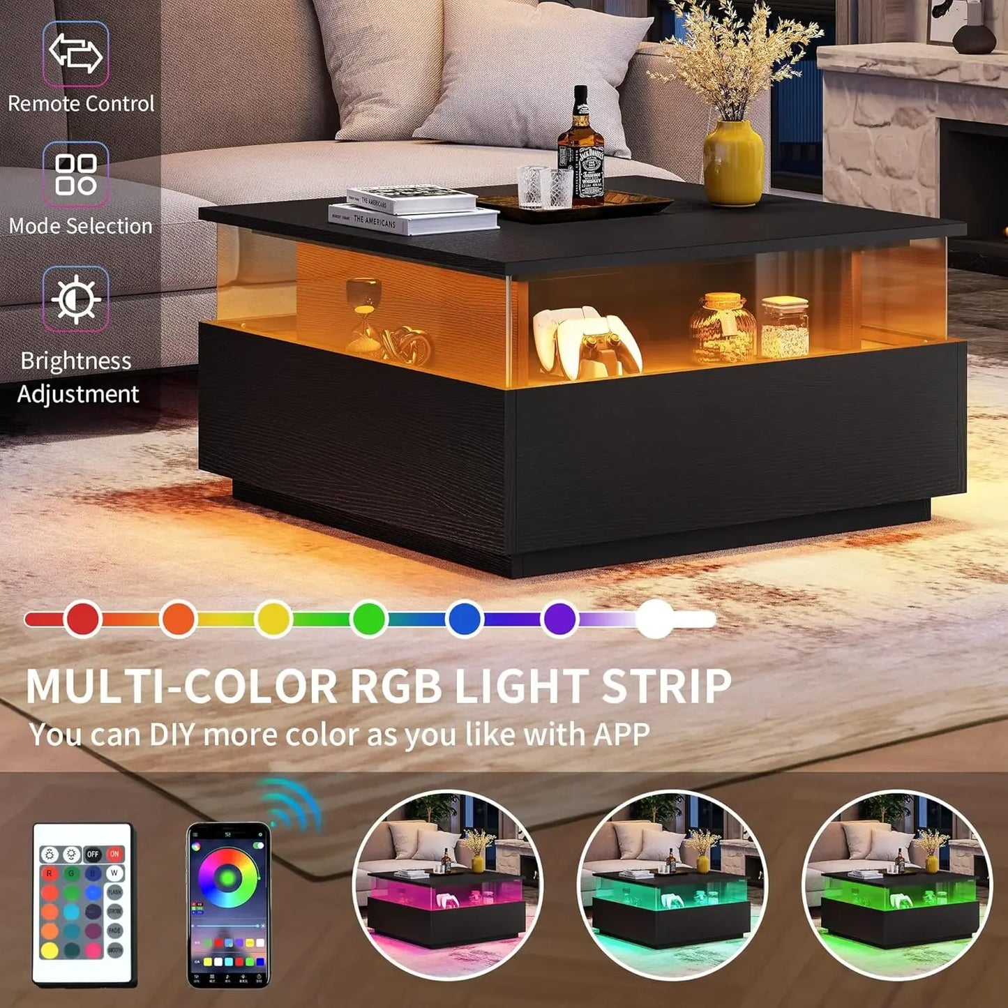 Coffee Tables for Living Room with Storage Modern with LED Light - Tech Gamer Depot