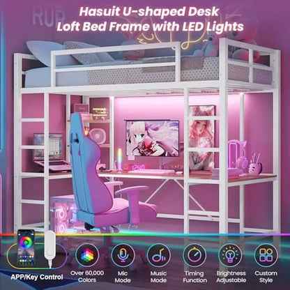 Twin Loft Bed with U-Shaped Desk Charging Station LED Lights - Tech Gamer Depot