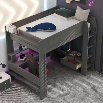 Full Size Gaming Loft Bed with Desk, LED and Charging Station - Tech Gamer Depot