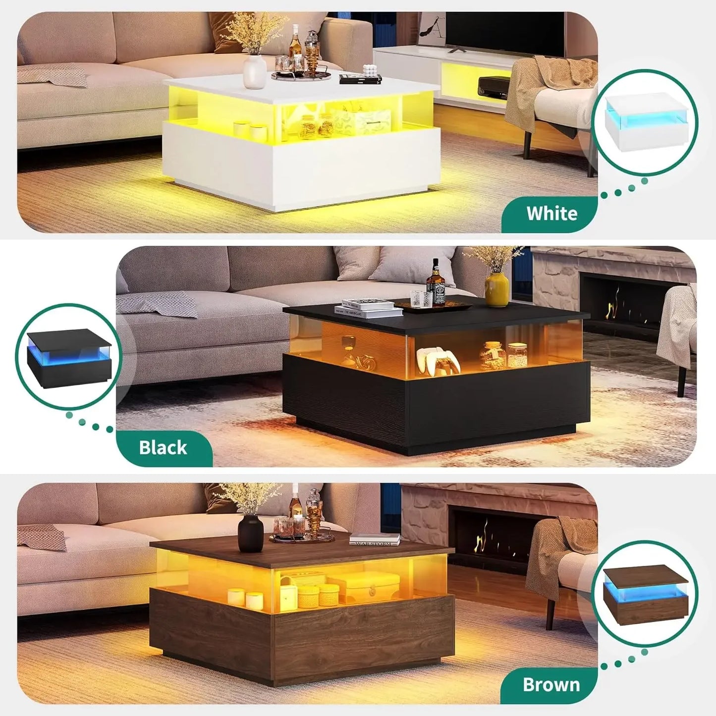 Coffee Tables for Living Room with Storage Modern with LED Light - Tech Gamer Depot