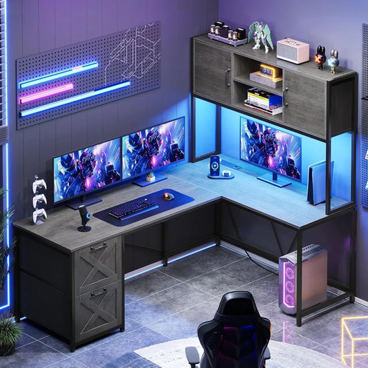 L Shaped LED lights Gaming Desk, Reversible Computer Desk with Fabric Drawers and Power Outlets - Tech Gamer Depot