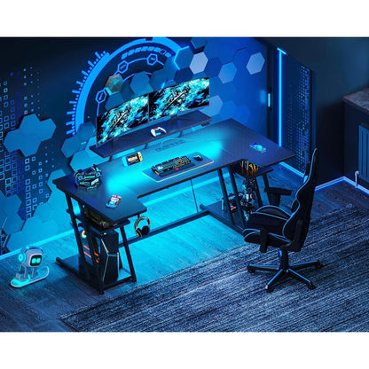 US  Gaming Desk with LED Lights, 60 Inch U Shaped Desk with Power Outlet, Gaming - Tech Gamer Depot