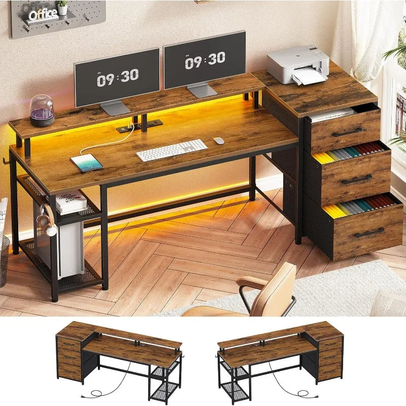 59" Office Desk with Drawers Gaming Desk with LED Lights & Power Outlet - Tech Gamer Depot