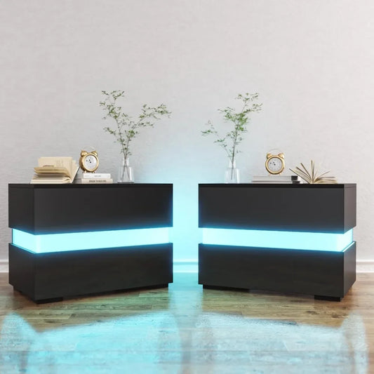 Set of 2 LED Nightstands Nightstand with 2 Drawers 16 Colors LED Lights Side Table - Tech Gamer Depot