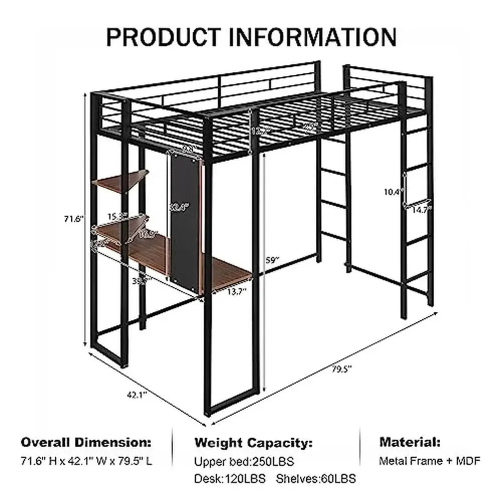 Metal Twin Loft Bed with Desk Shelves 2 Ladders - Tech Gamer Depot