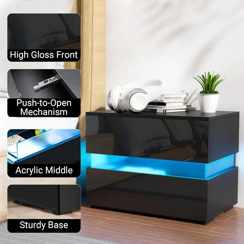 Set of 2 LED Nightstands Nightstand with 2 Drawers 16 Colors LED Lights Side Table - Tech Gamer Depot