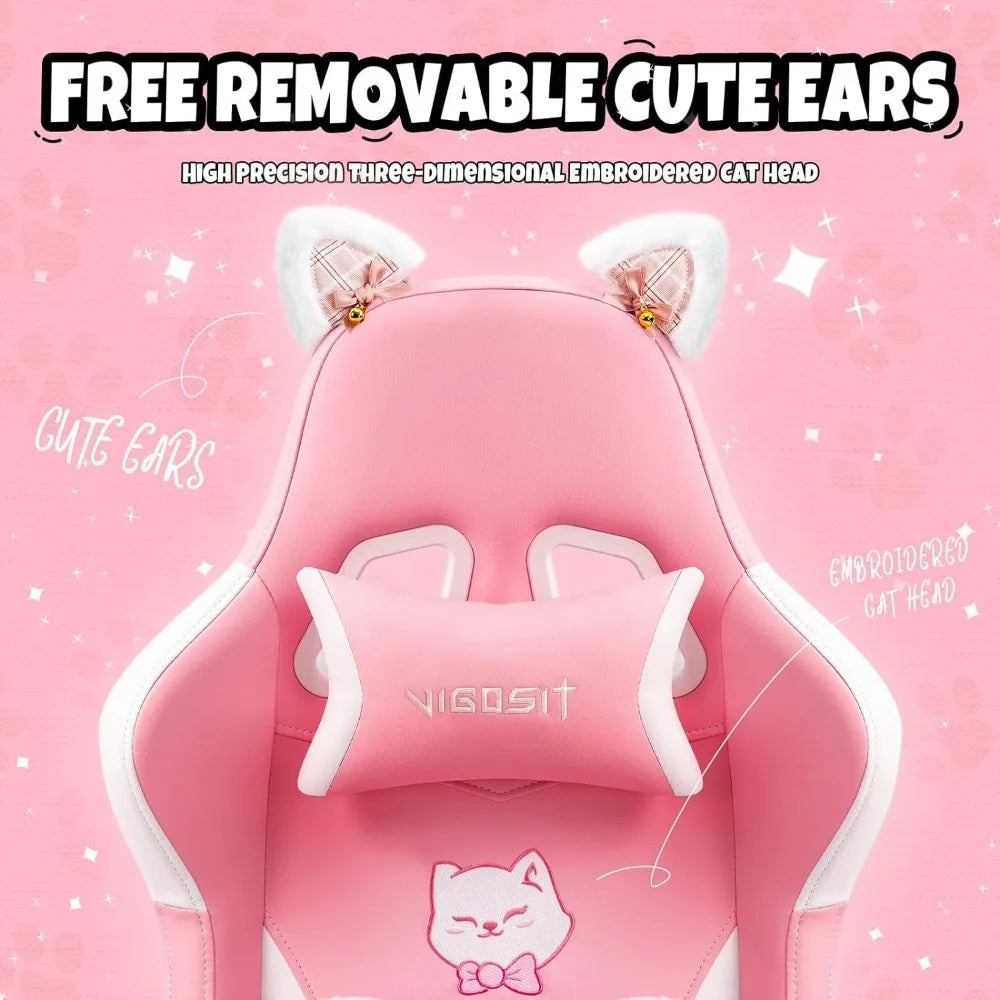 Pink Gaming Chair with Cat Paw Lumbar Cushion and Cat Ears, Ergonomic Computer Chair with Footrest - Tech Gamer Depot