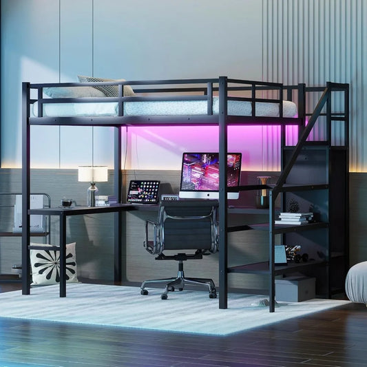 Full Size Loft Gaming  Bed with LED lights  Stairs and Desk - Tech Gamer Depot