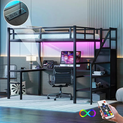 Full Size Loft Gaming  Bed with LED lights  Stairs and Desk - Tech Gamer Depot