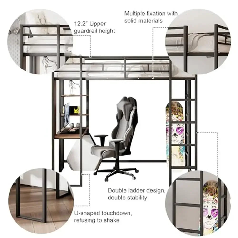 Metal Twin Loft Bed with Desk Shelves 2 Ladders - Tech Gamer Depot