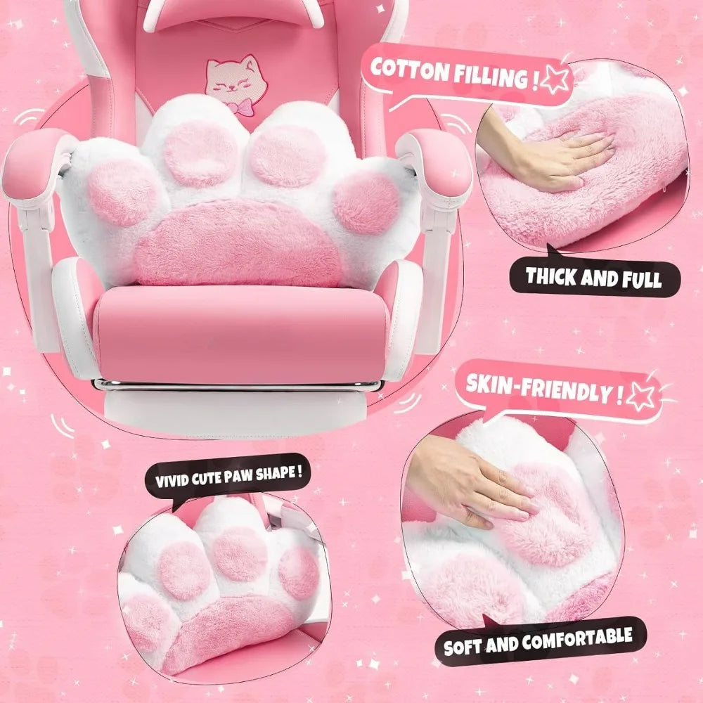 Pink Gaming Chair with Cat Paw Lumbar Cushion and Cat Ears, Ergonomic Computer Chair with Footrest - Tech Gamer Depot