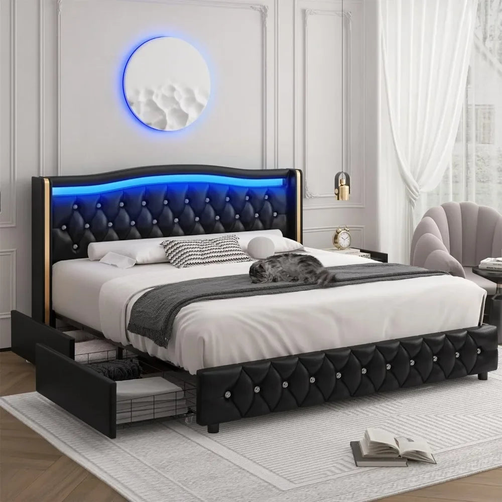 Smart LED Platform Bed Frame with 4 Storage Drawers - Tech Gamer Depot