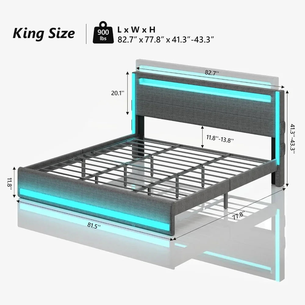 Bed Frame and Adjustable Headboard, Light up King Size USB Charging Station - Tech Gamer Depot