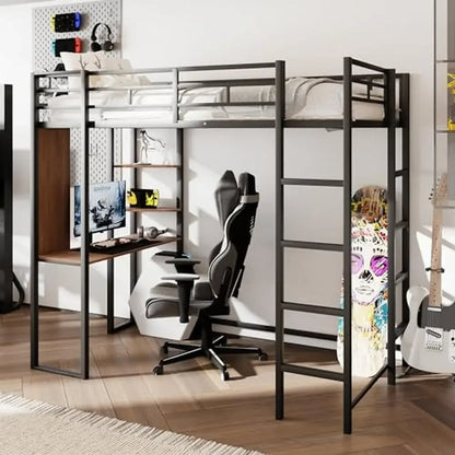 Metal Twin Loft Bed with Desk Shelves 2 Ladders - Tech Gamer Depot