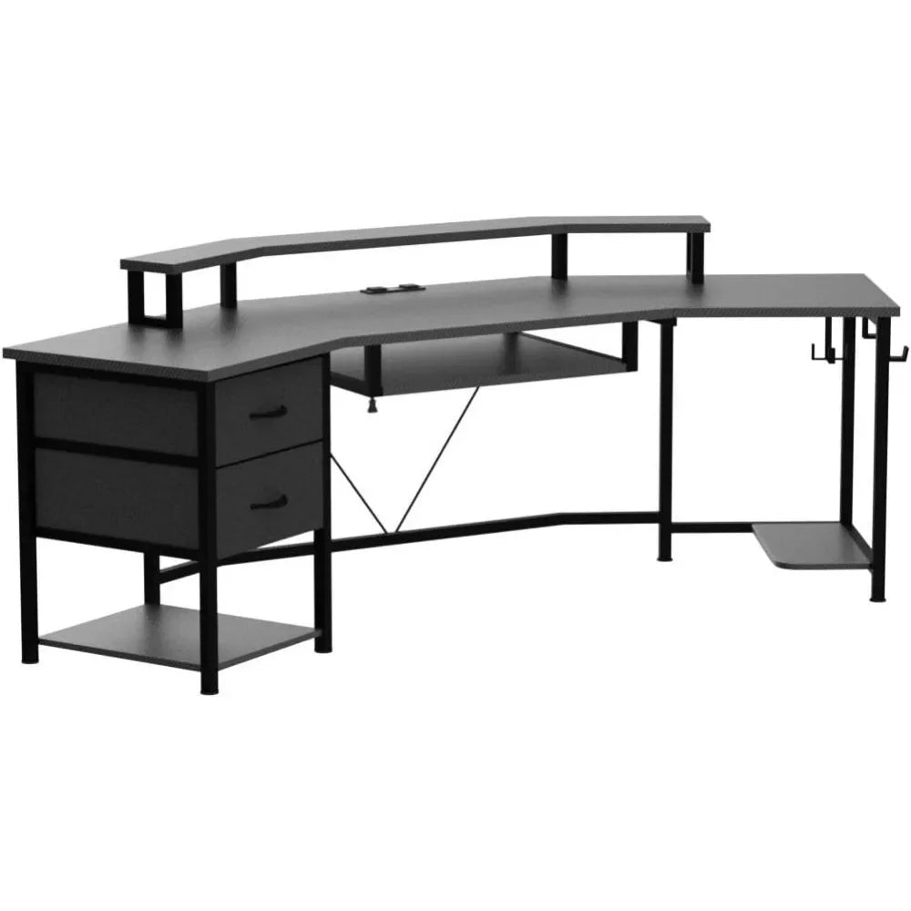 79" Gaming Desk, Computer Desk with 2 Fabric Drawers & LED Light, L Shaped Gaming Desk Carbon Fiber Black - Tech Gamer Depot