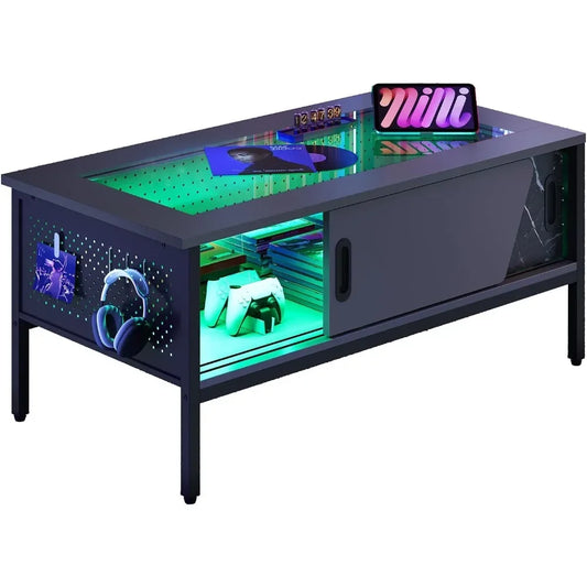 42 Inch LED Table with Storage Glass Gaming  Black Living Room Center Table