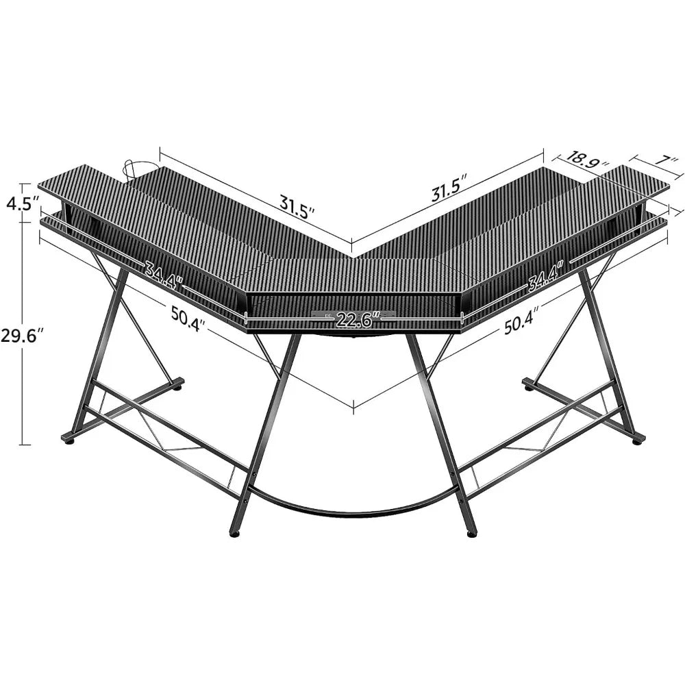 L Shaped Gaming Desk with LED Lights Carbon Fiber Surface - Tech Gamer Depot