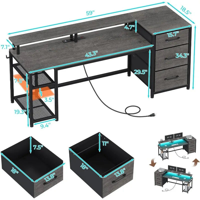 59" Office Desk with Drawers Gaming Desk with LED Lights & Power Outlet - Tech Gamer Depot