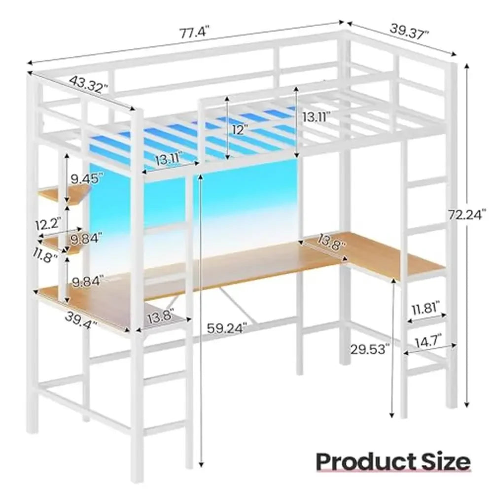 Twin Loft Bed with U-Shaped Desk Charging Station LED Lights - Tech Gamer Depot