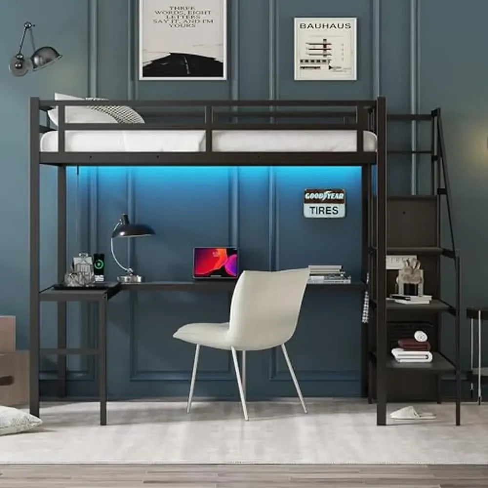 Metal Full Loft Bed with LED Lights Charging Station - Tech Gamer Depot