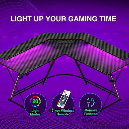 L Shaped Gaming Desk with LED Lights Carbon Fiber Surface - Tech Gamer Depot