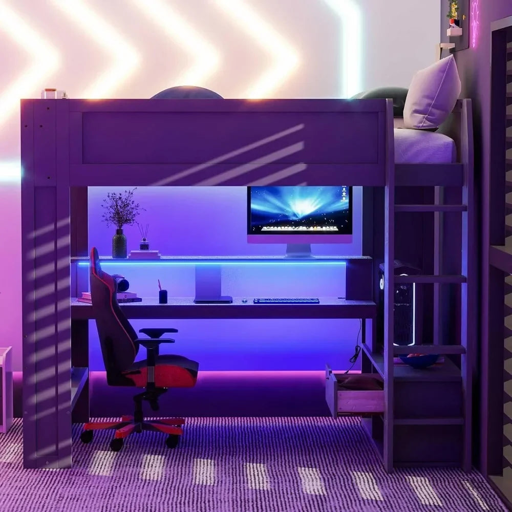 Full Size Gaming Loft Bed with Desk, LED and Charging Station - Tech Gamer Depot