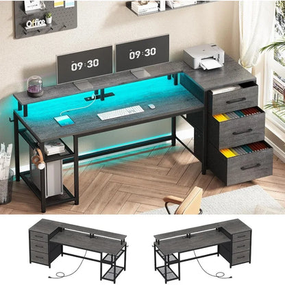 59" Office Desk with Drawers Gaming Desk with LED Lights & Power Outlet - Tech Gamer Depot