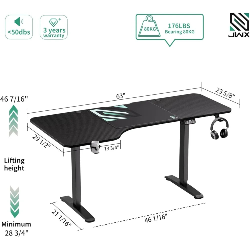 L Shaped Electric Standing Desk, 63 inch with Carbon Fiber Top - Tech Gamer Depot