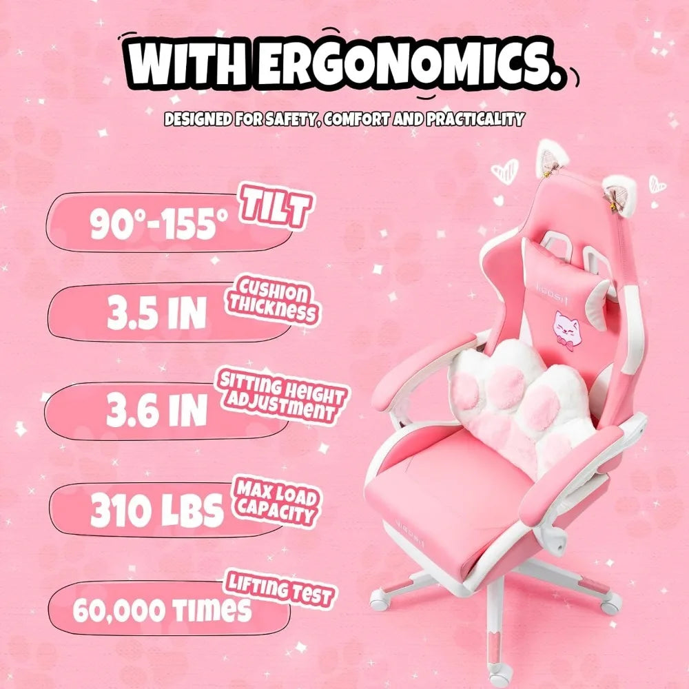 Pink Gaming Chair with Cat Paw Lumbar Cushion and Cat Ears, Ergonomic Computer Chair with Footrest - Tech Gamer Depot