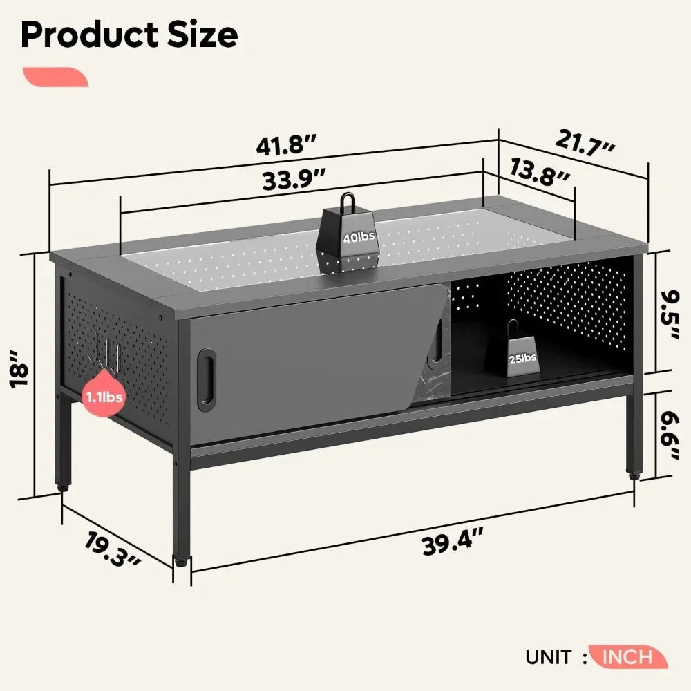 42 Inch LED Table with Storage Glass Gaming  Black Living Room Center Table