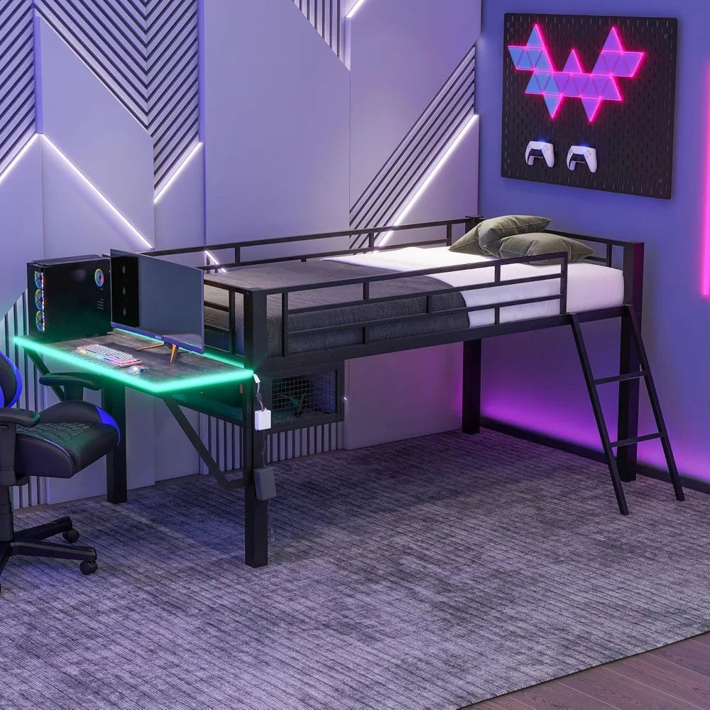 Twin Size Gaming Loft Bed with Desk LED lights - Tech Gamer Depot