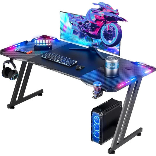 47 Inch Gaming Desk with LED Lights Carbon Fiber Surface - Tech Gamer Depot