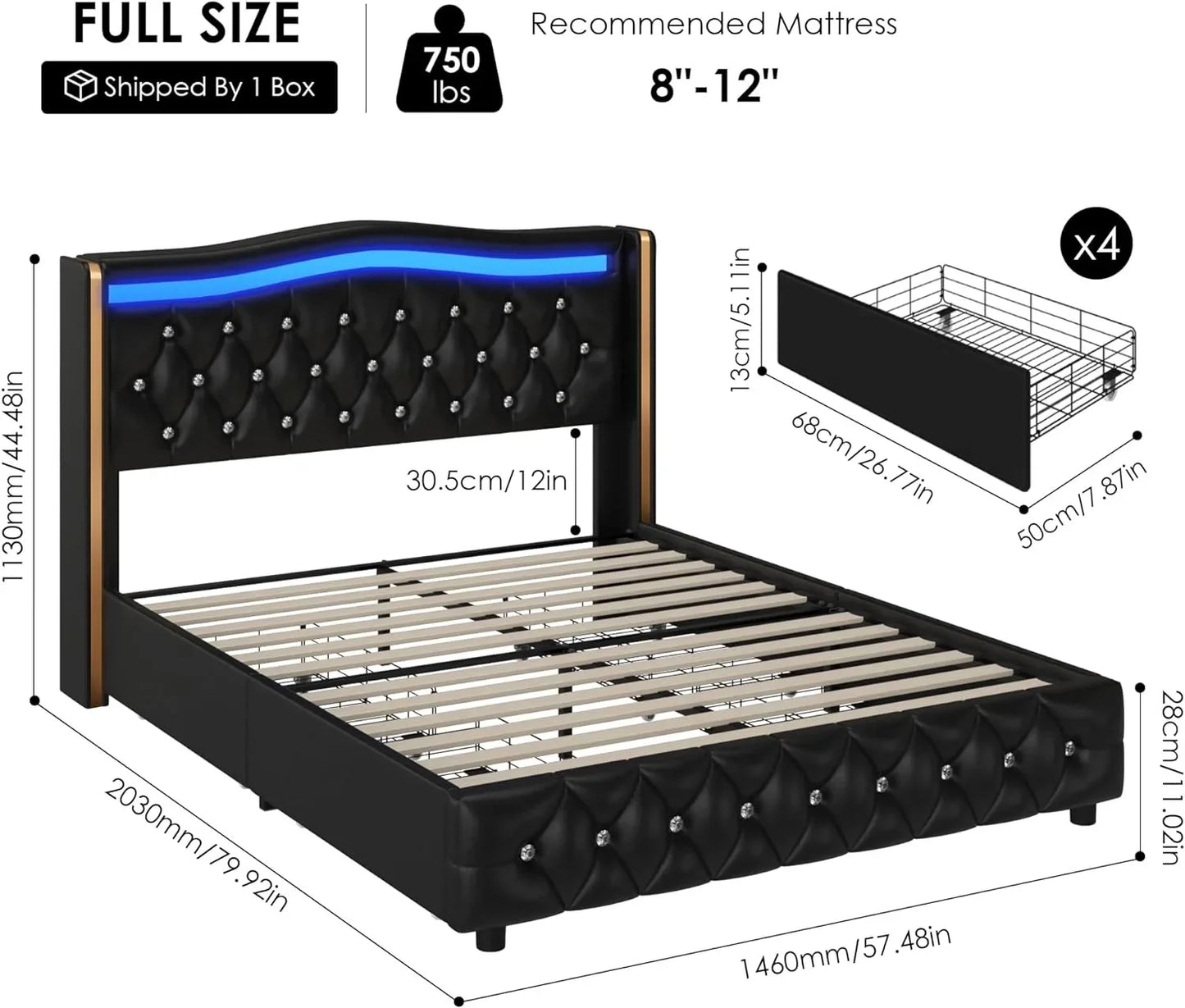 Smart LED Platform Bed Frame with 4 Storage Drawers - Tech Gamer Depot