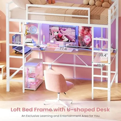 Twin Loft Bed with U-Shaped Desk Charging Station LED Lights - Tech Gamer Depot