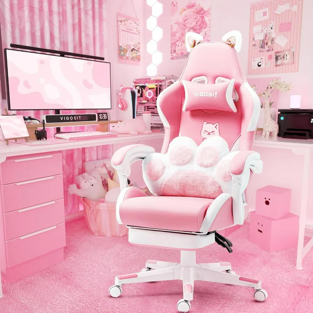 Pink Gaming Chair with Cat Paw Lumbar Cushion and Cat Ears, Ergonomic Computer Chair with Footrest - Tech Gamer Depot