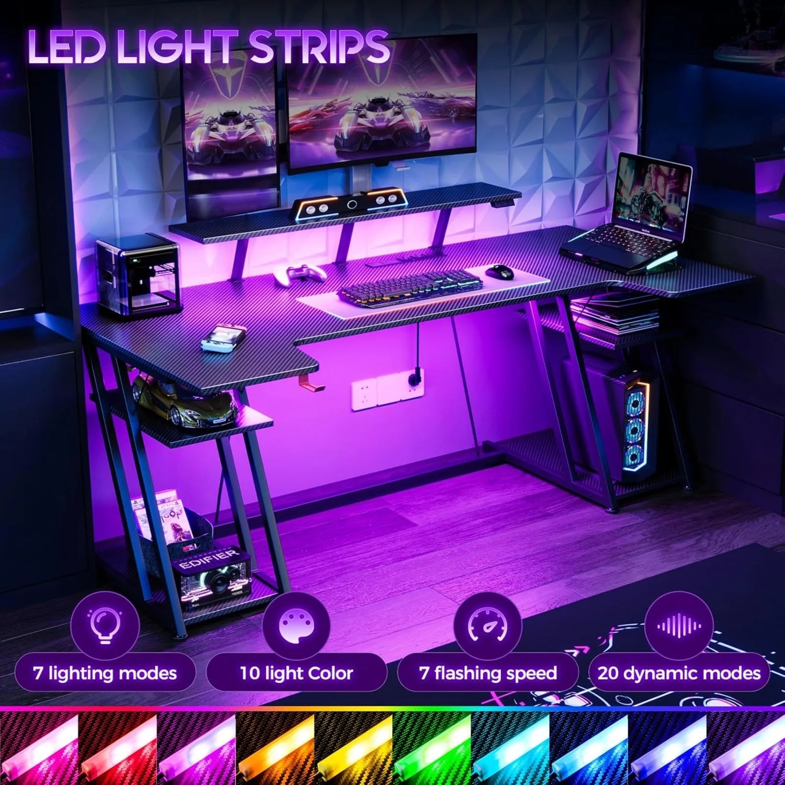 US  Gaming Desk with LED Lights, 60 Inch U Shaped Desk with Power Outlet, Gaming - Tech Gamer Depot