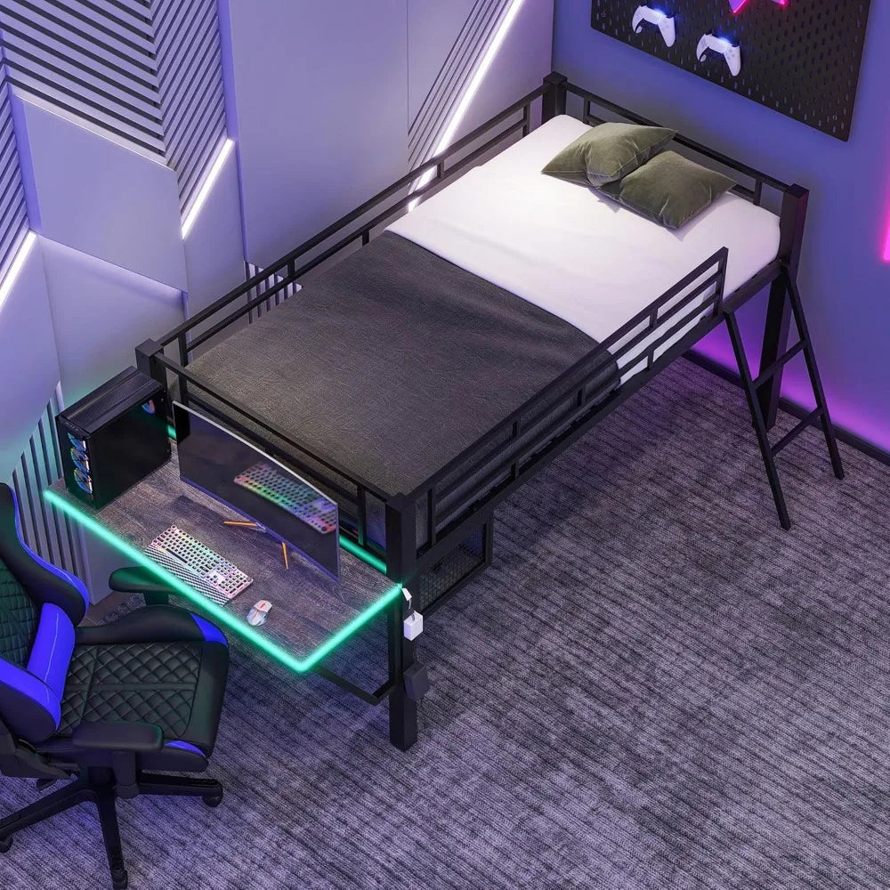 Twin Size Gaming Loft Bed with Desk LED lights - Tech Gamer Depot