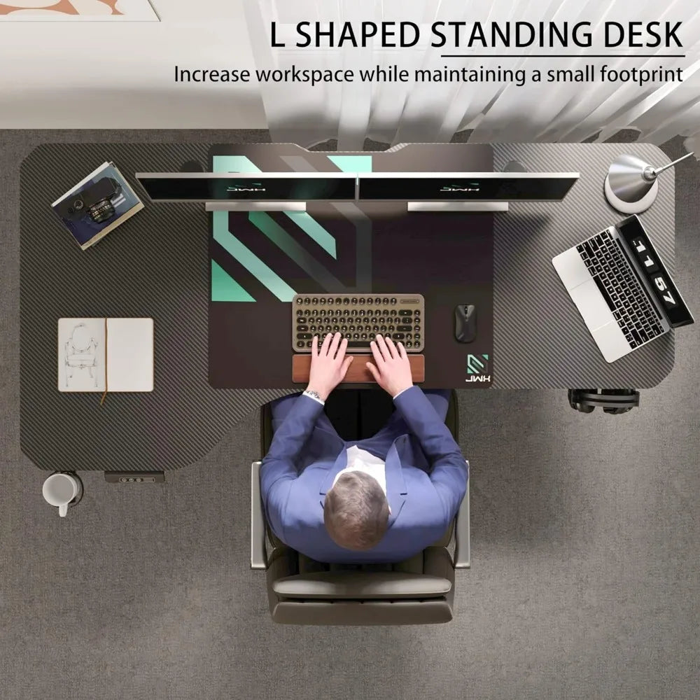 L Shaped Electric Standing Desk, 63 inch with Carbon Fiber Top - Tech Gamer Depot