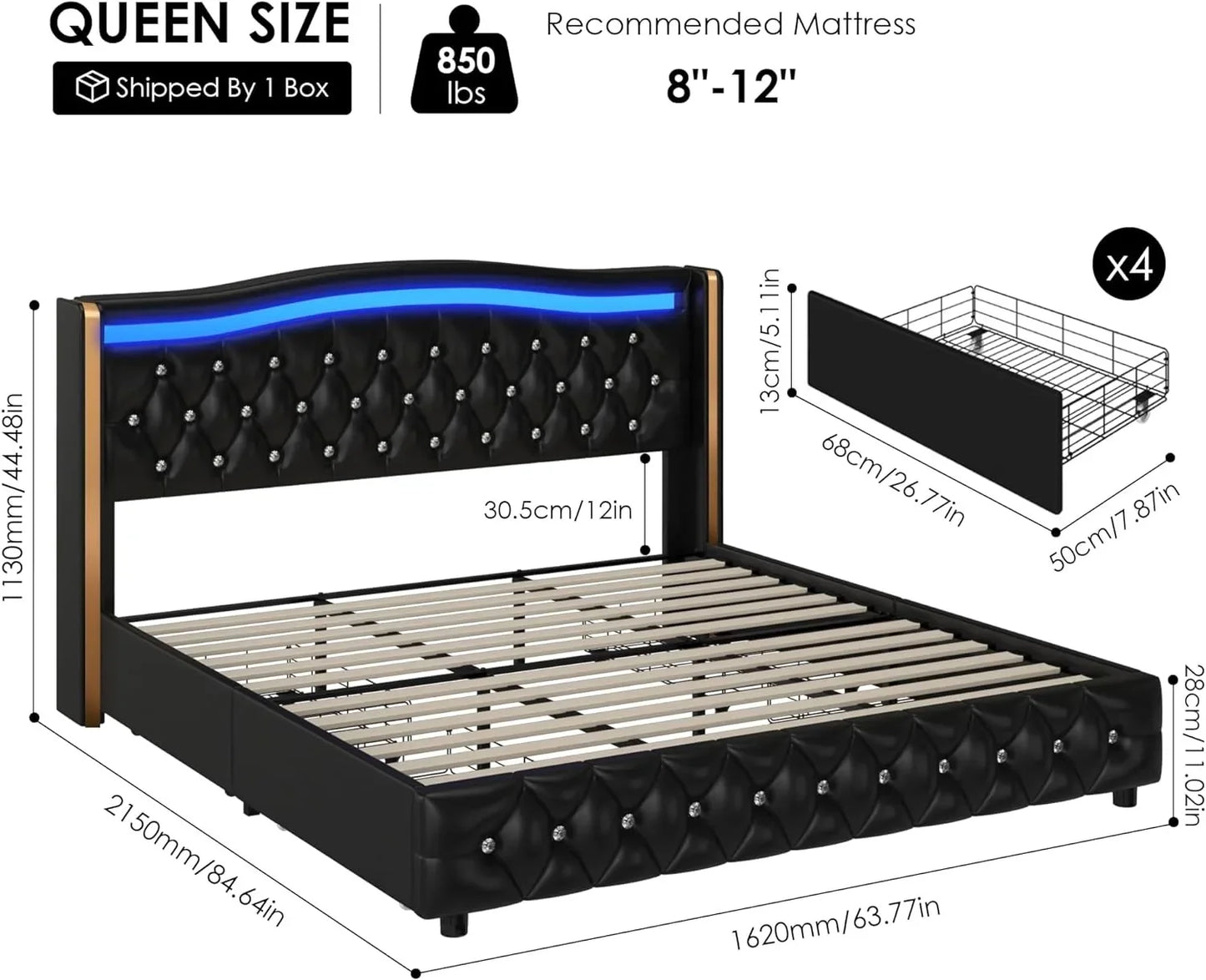 Smart LED Platform Bed Frame with 4 Storage Drawers - Tech Gamer Depot