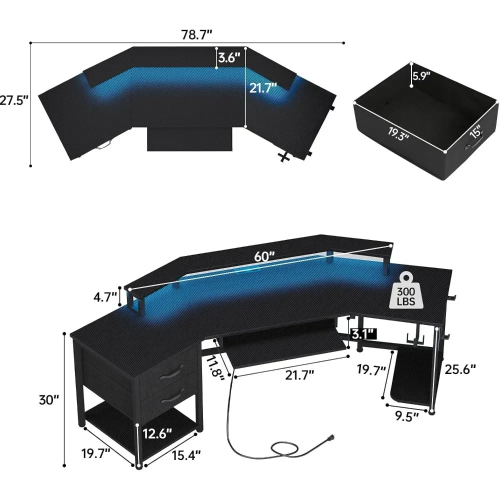 79" Gaming Desk, Computer Desk with 2 Fabric Drawers & LED Light, L Shaped Gaming Desk Carbon Fiber Black - Tech Gamer Depot