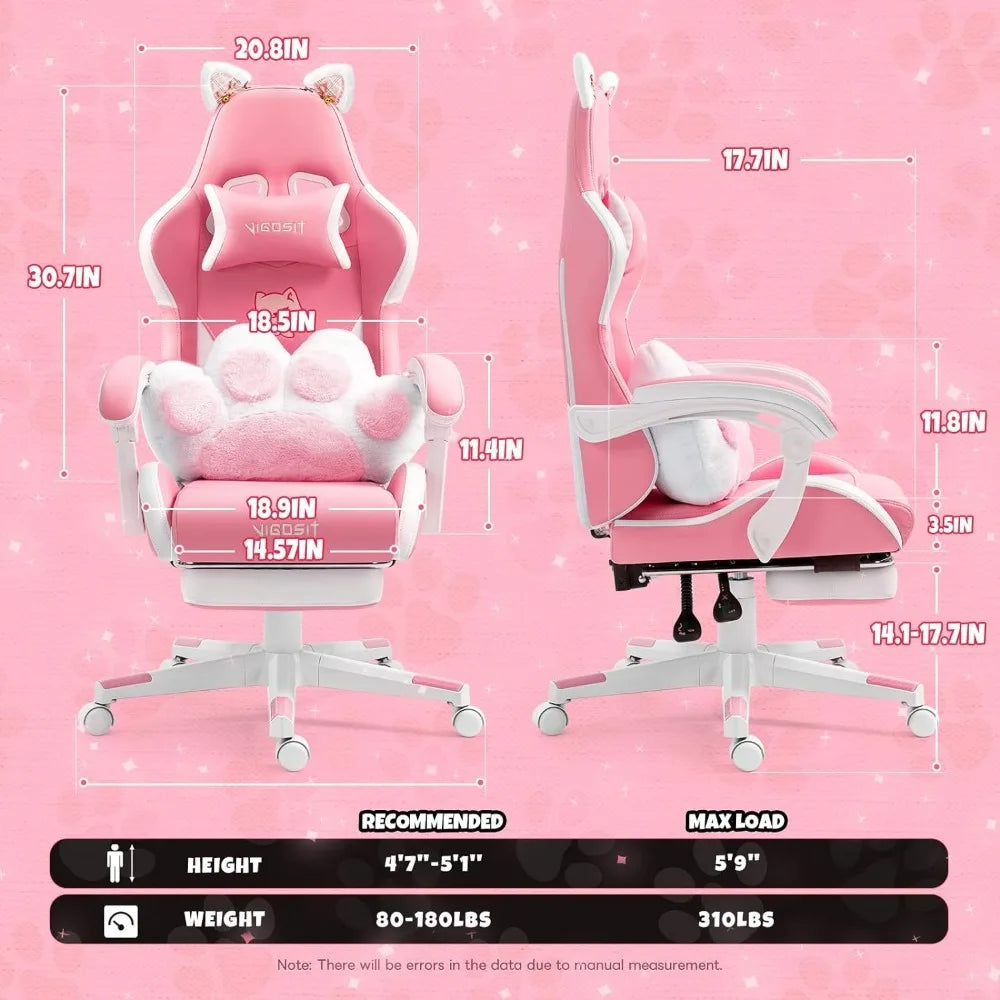 Pink Gaming Chair with Cat Paw Lumbar Cushion and Cat Ears, Ergonomic Computer Chair with Footrest - Tech Gamer Depot